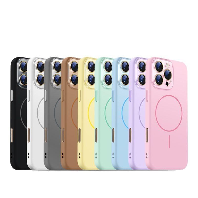 Liquid Silicone Fine Ring Strong Magnetic Precision Crystal Len Protector Fingerprint-proof Phone Case For iPhone 16ProMax 15 14 13 12 11, Soft Skin Feel Shockproof Soft Full Cover