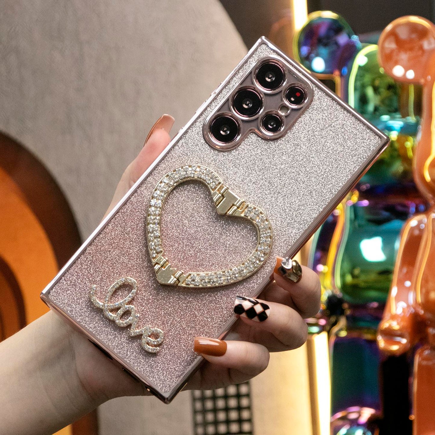 Luxury Diamond Glitter Crystal Love Heart Holder Bracket Glitter Clear Gradient TPU Plating Shockproof Soft Phone Case For Samsung S25 S24 S23 S22 S21 Note20