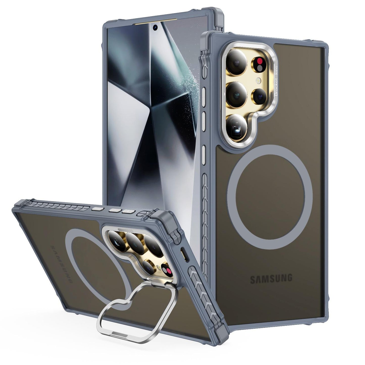 Two-tone Matte Transparent Anti-Dust Four Corner Anti-Fall Bumper Shockproof Strong Magnetic Phone Case With Metal Camera Kickstand for Samsung S25Ultra S24 S23FE S23 A14 A15 A25 A35 A54 A55