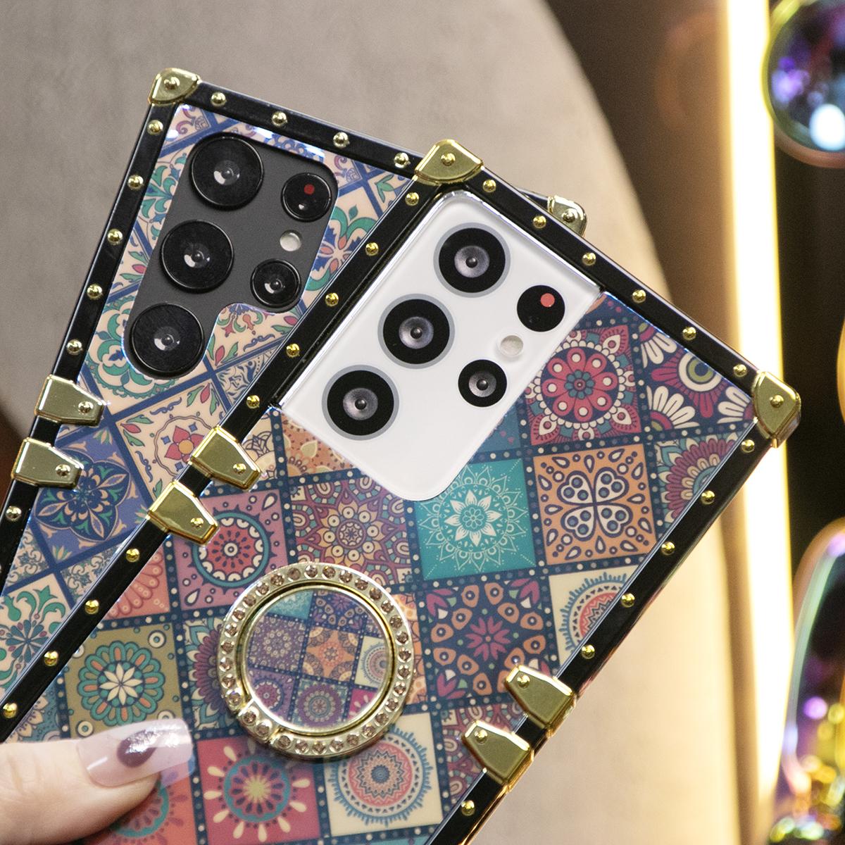 Luxury Glitter Retro Flower Pattern Cover For Samsung S25 S24 S21 S22 S23Ultra Fashion Geometric Square Case For Samsung A74 A73 A72 A71 A55 A54 A53 A52 A35 A34 A24 A25 A14 A15