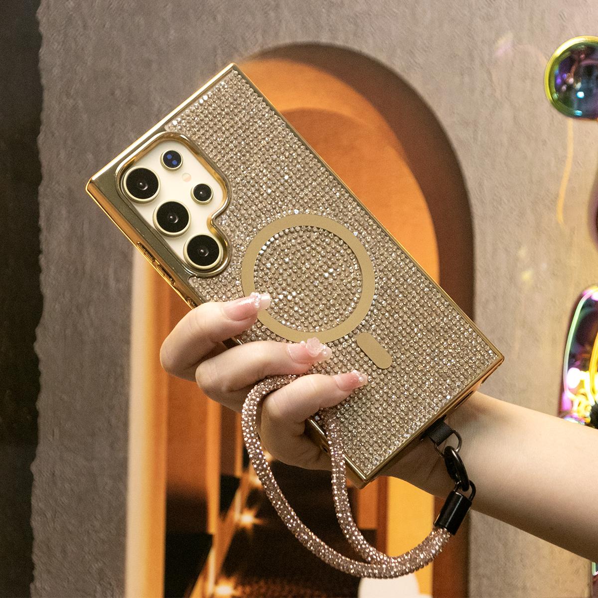 Luxury Glitter Rhinestone Plating Diamonds Magnetic Wireless Charging Phone Case With Rhinestone Wristband For Samsung S25 S24 S23 Shockproof Protection Soft Bumper Cover