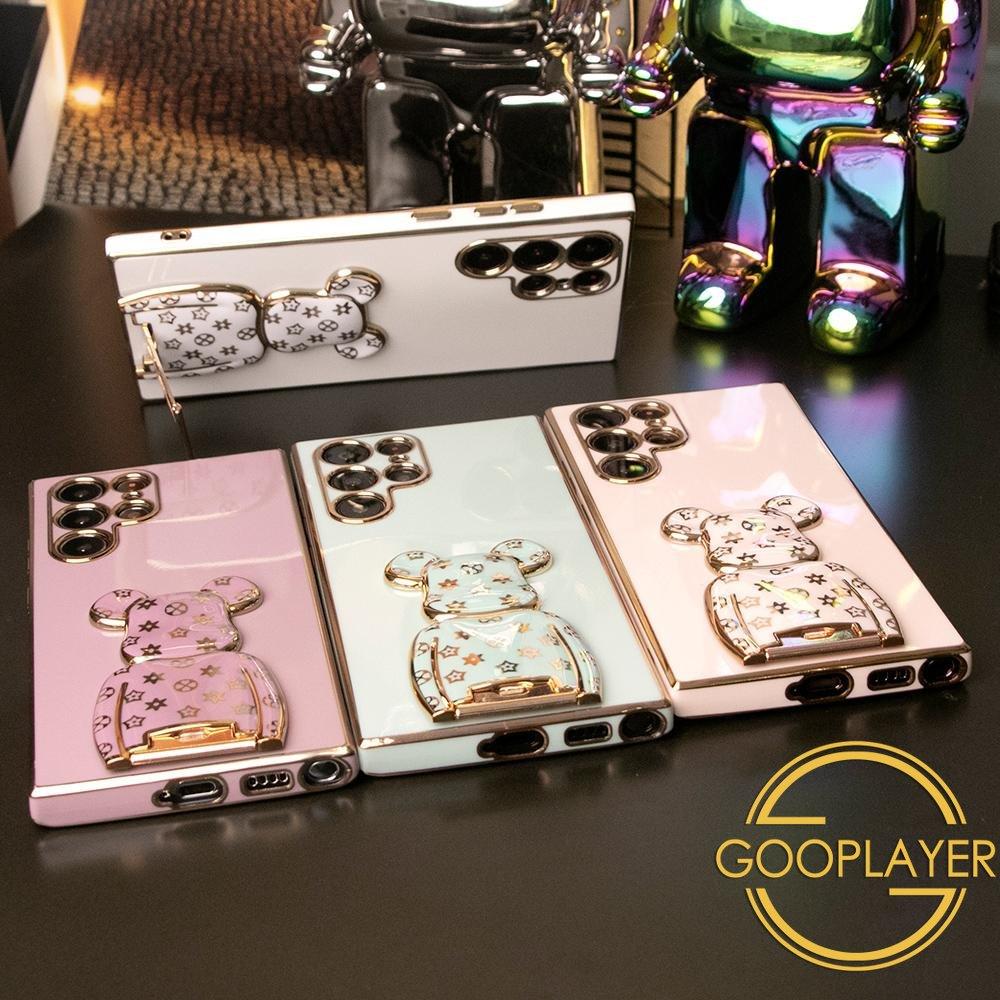 Plating Flower Bear Stand Phone Case for Samsung Galaxy S25Ultra S24 S25 Plus FE Soft TPU Back Cover