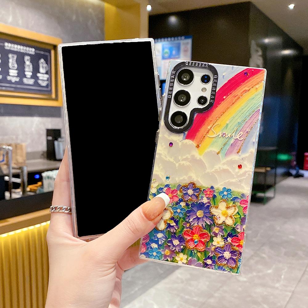 For Samsung S25 S24 S23 S22 A35 A36 A26 A54 A55 A56 Phone Case, Flower Rainbow Butterfly Rose, Oil Painting Camera Frame Anti-drop Hard Shockproof Full Cover
