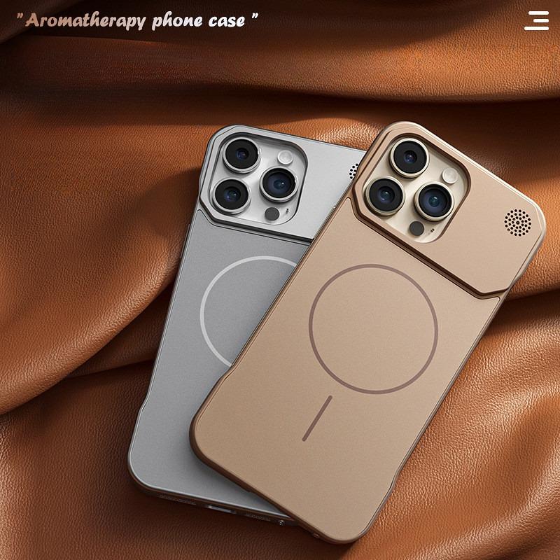 Aromatherapy Frameless Heat Dissipation Aluminium Alloy Strong Magnetic Len Protection Phone Case For iPhone 16ProMax 15 14 13 12 11, Skin Feel Shockproof Hard Full Cover