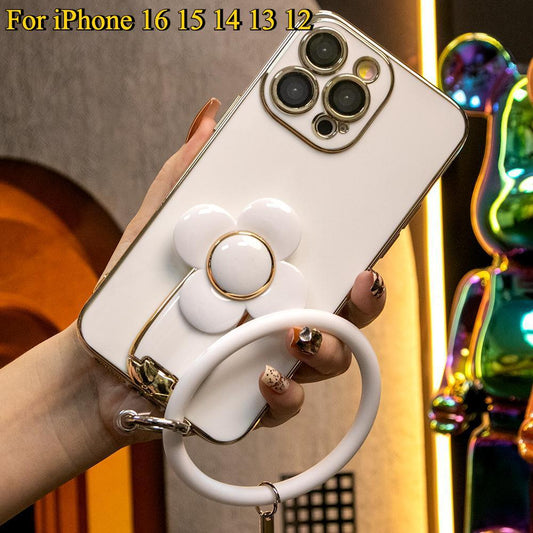 For iPhone 16 15 14 13 12 Pro Max Phone Case, Windmill Kickstand with Bracelet, Plating Electroplate Luxury Elegant Case Camera Protector Pop Stand Shockproof Soft Cover