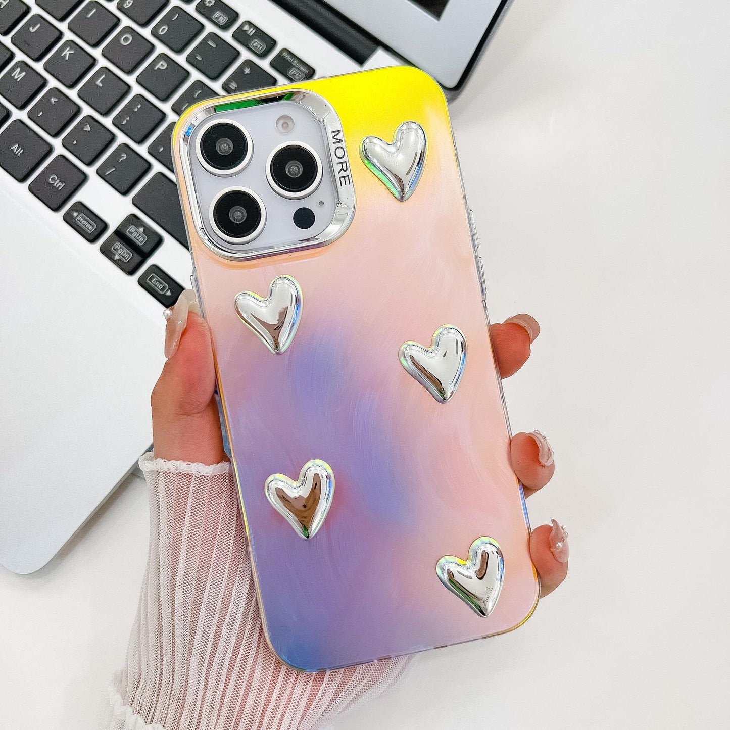 For iPhone 16ProMax 16 15 14 13 Phone Case, Electroplating Laser Love Heart Pattern Acrylic Slim, Camera Protection Non-Yellowing Hard Cover