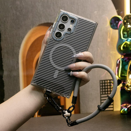 Strong Magnetic Carbon Fiber Phone Case, With Climbing Rope, Metal Hardware Camera Protective Acrylic, Shockproof Anti-Fall Bumper For Samsung S24 S23 S21FE S24 FE A14 A15 A24 A25 A35 A54 A55 A05