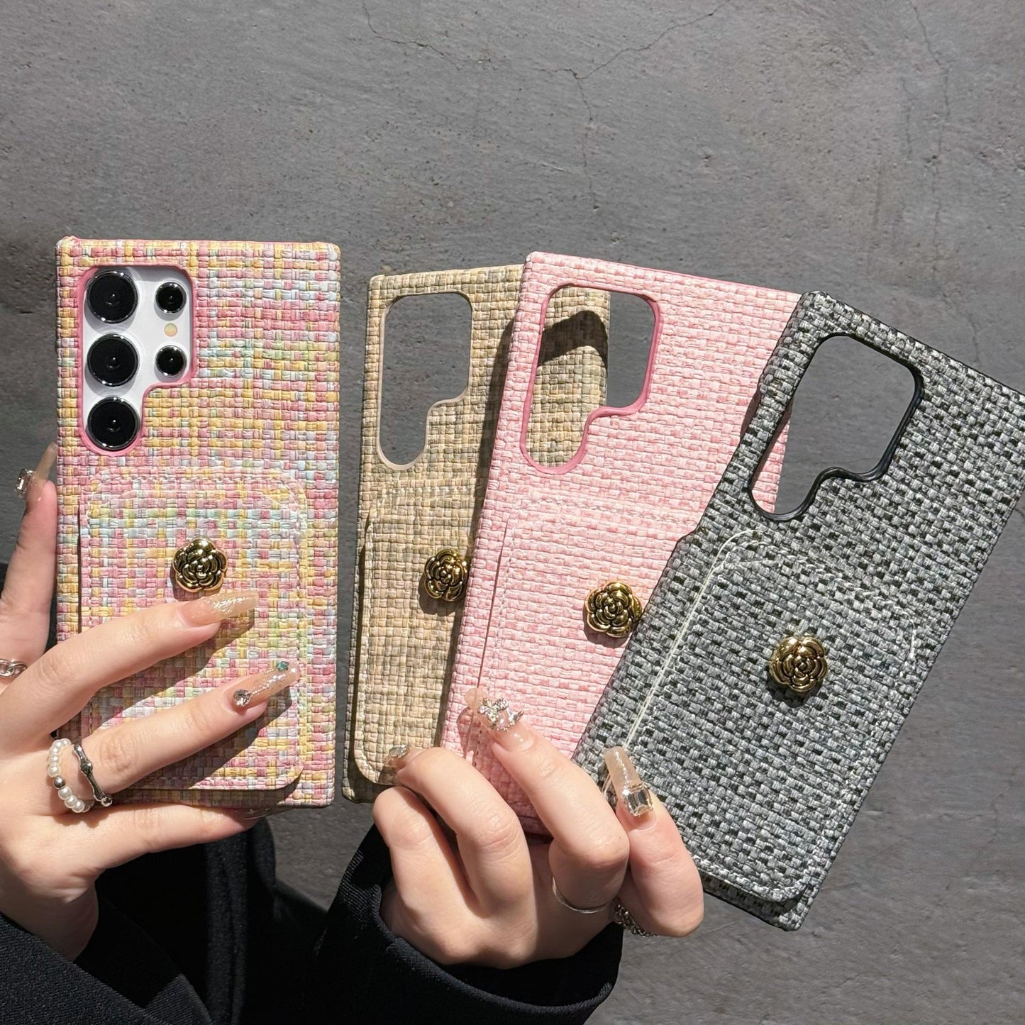 For Samsung S25Ultra S24 S23 S22 Case, Simple Slim Woven Pattern Fabrics Wallet Shockproof Card Slot Hard Full Cover