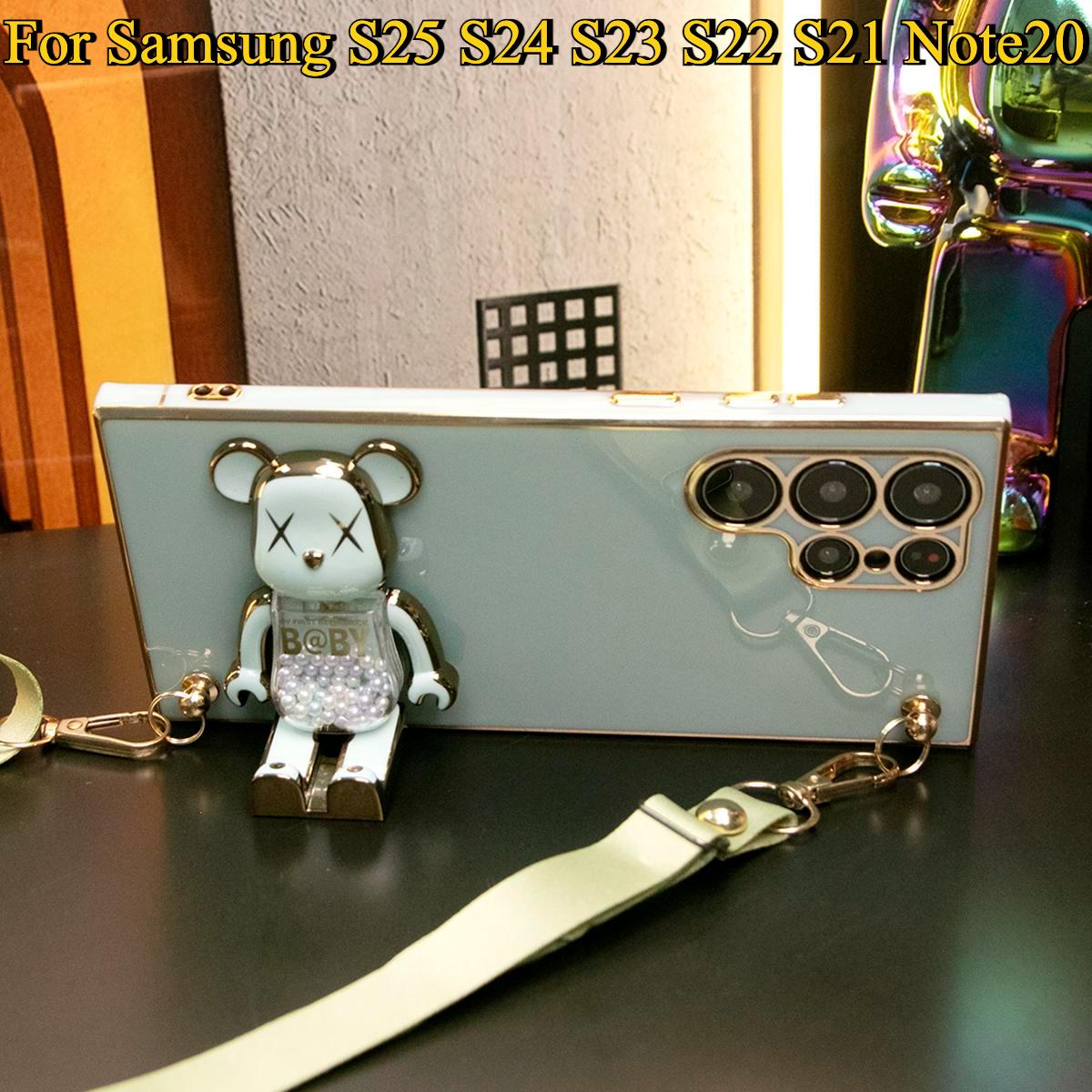 Candy Bear Holder Crossbody Lanyard Phone Case For Samsung S25 S24 S23 S22 S21 Note20 Soft TPU Back Cover