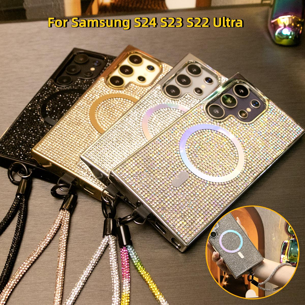 Luxury Glitter Rhinestone Plating Diamonds Magnetic Wireless Charging Phone Case With Rhinestone Wristband For Samsung S25 S24 S23 Shockproof Protection Soft Bumper Cover