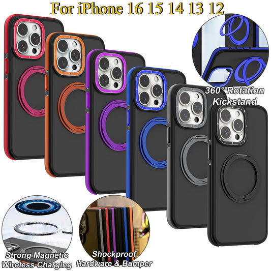 For iPhone 16ProMax 16 15 14 13 12 Strong Magnetic Phone Case, Metal 360 Degree Rotation Kickstand Protection, Elegant Matte Case Support Wireless Charging Shockproof Bumper Hard Full Cover