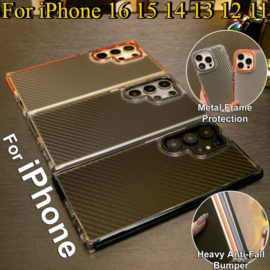 Two-tone Carbon Fiber Pattern Phone Case, Metal Hardware Camera Protective Acrylic Cover, Clear No Yellow, With Shockproof Anti-Fall Bumper For iPhone 16 15 14 13 12 11