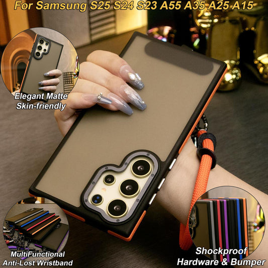 For Samsung S25Ultra S24 S23FE A15 A14 A25 A24 A34 A35 A54 A55 Phone Case, Metal Camera Protection, With Multifunctional Wristband, Elegant Matte Camera Frame Shockproof Bumper Hard Full Cover