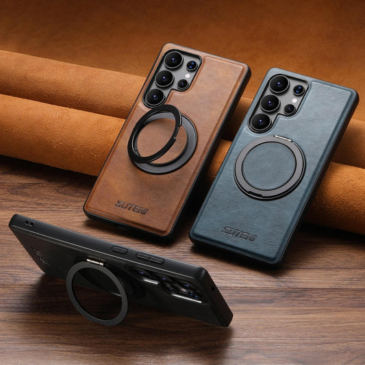 For Samsung S25 S24 S23 S22 Ultra Plus Phone Case, Smooth Surface Oil Wax Pattern Leather Metal Kickstand Shockproof Support Wireless Charging Hard Phone Case