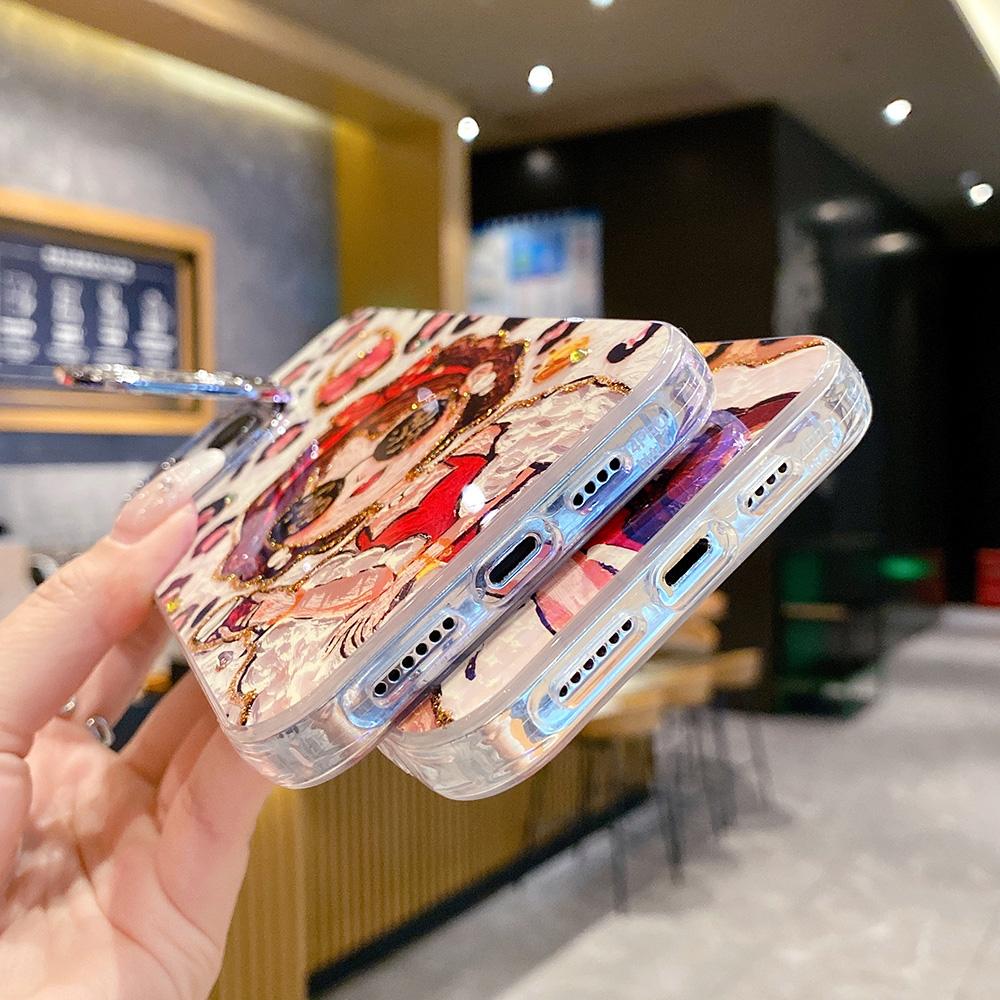 For iPhone 16ProMax 16 15 14 13 12 11 Phone Case with Diamond Camera Kickstand, Rich Girl Women Leopard Print Rainbow Castle, Oil Painting Camera Frame Anti-drop Hard Shockproof Full Cover
