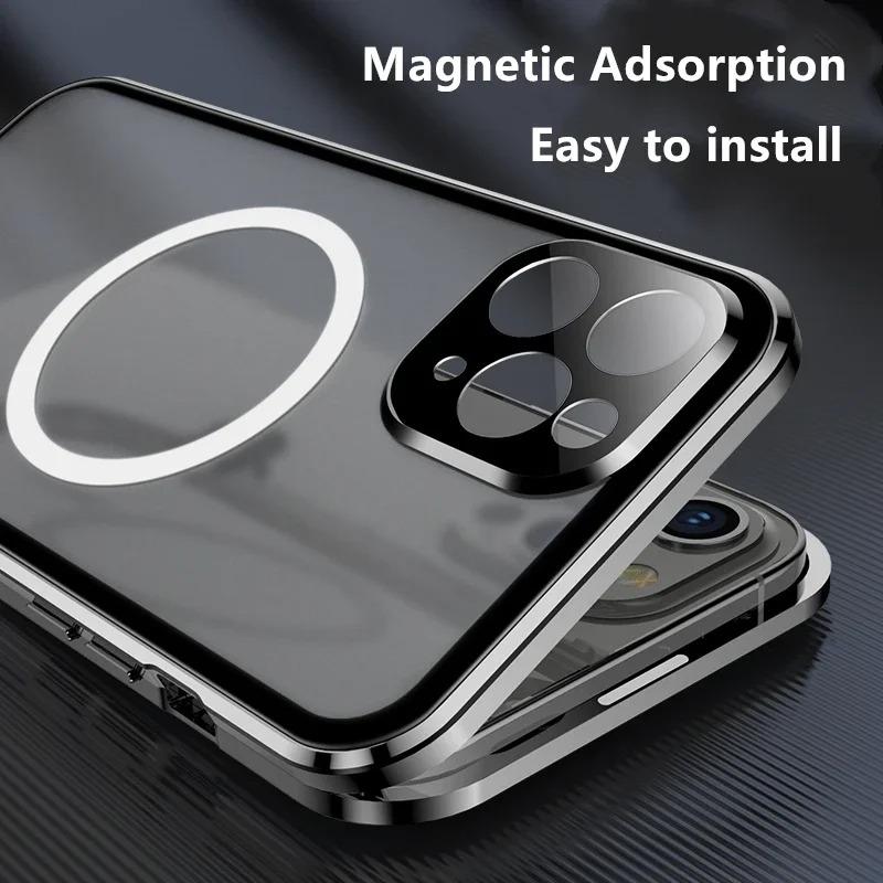 Double Sided HD Glass Matte Back Cover Aluminium Alloy For Magsafe Full Cover 360 Magnetic Ring High Definition Metal Case For iPhone 16ProMax 16 15 14 13 12 Pro Max Glass Full Cover