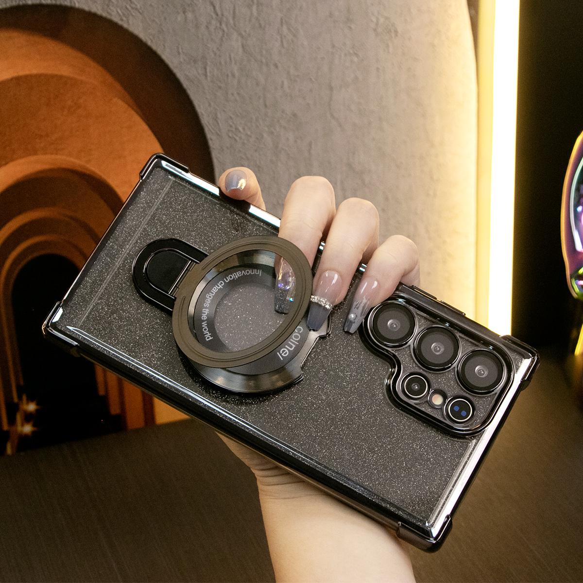 Luxury Glitter Plating Four Corners Shockproof Clear Phone Case With Magnetic Kickstand For iPhone 16 15 14 13 12 11 XR XSMax X/XS Hard Acrylic Hybrid Bumper Hard Full Cover