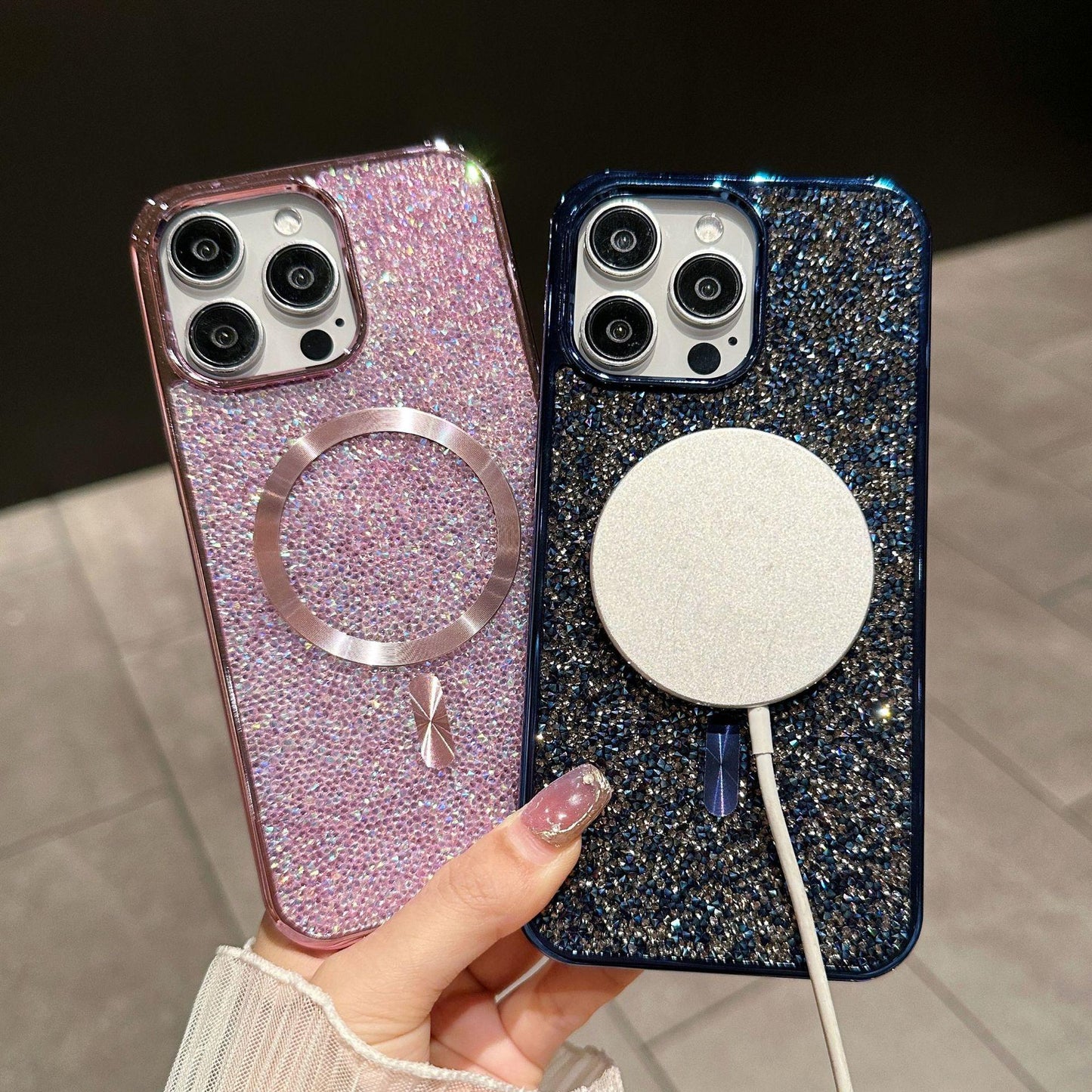 Luxury Rhinestone Glitter Plating Slim PC Strong Magnetic Phone Case For iPhone 16ProMax 15 14 13 Hard Support Wireless Charging Full Cover