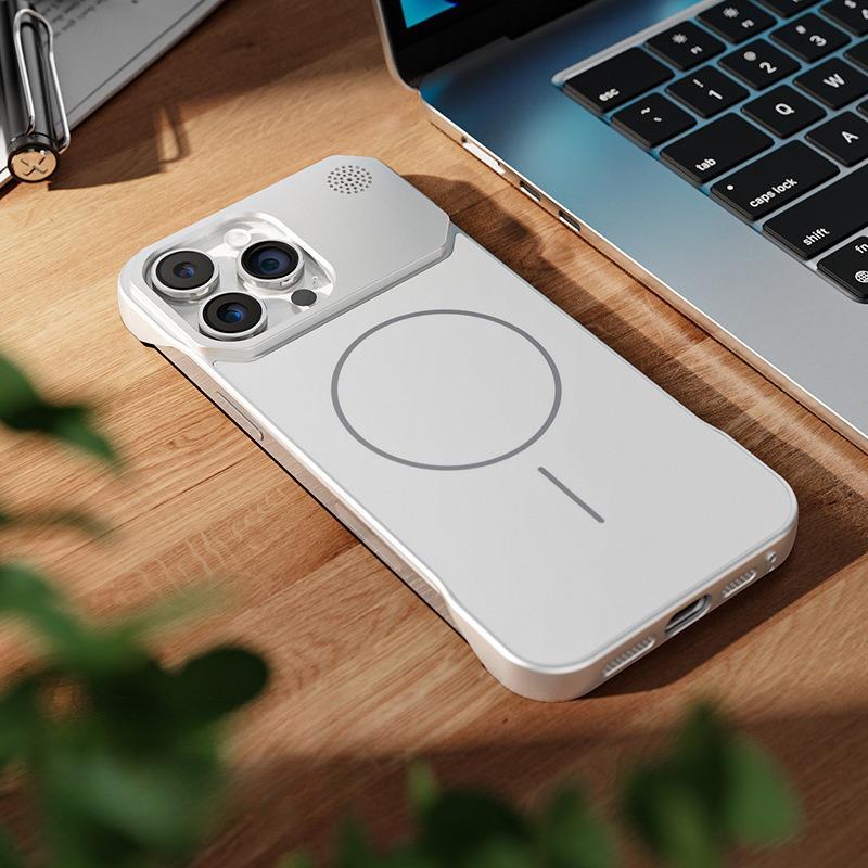 Aromatherapy Frameless Heat Dissipation Aluminium Alloy Strong Magnetic Len Protection Phone Case For iPhone 16ProMax 15 14 13 12 11, Skin Feel Shockproof Hard Full Cover