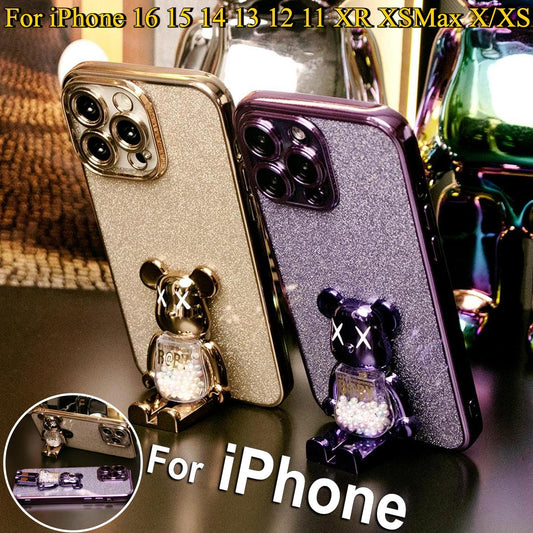 Glitter Electroplated 3D Candy Bear Kickstand Phone Case For iPhone 16 15 14 13 12 11 XR XSMax X/XS