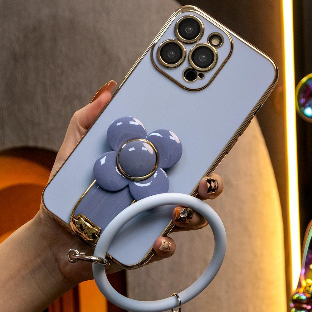 For iPhone 16 15 14 13 12 Pro Max Phone Case, Windmill Kickstand with Bracelet, Plating Electroplate Luxury Elegant Case Camera Protector Pop Stand Shockproof Soft Cover