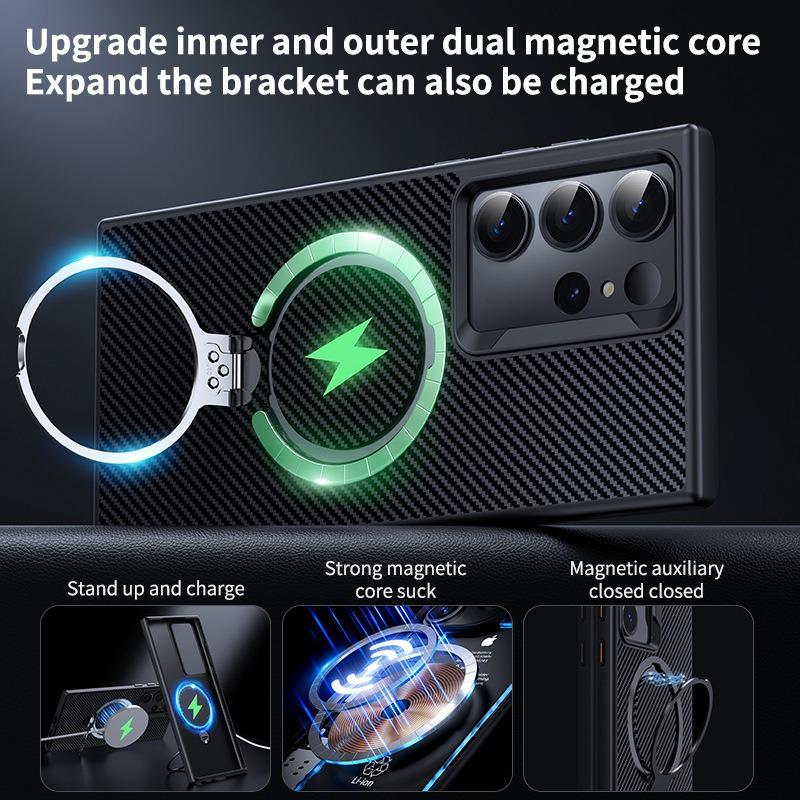 Double Ring Carbon Fiber Pattern Slim PC Strong Magnetic Phone Case with 360 Rotating Metal Kickstand For Samsung S25Ultra S25+ S25 S24 S23 Skin Feel Bumper Shockproof Hard Full Cover