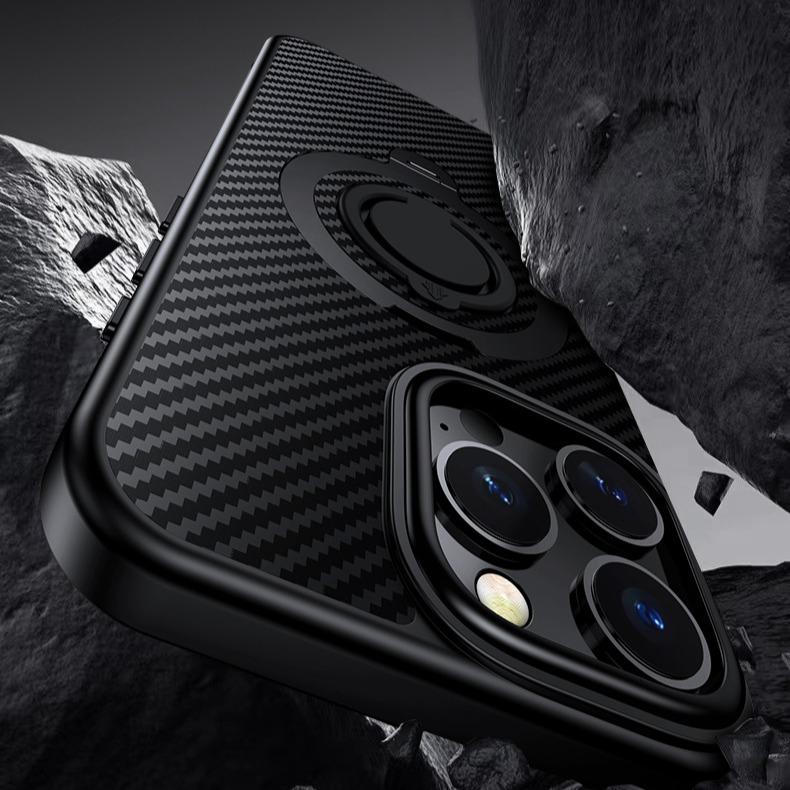 Carbon Fiber Pattern Slim PC Business Strong Magnetic Phone Case with 360 Rotating Metal Kickstand For iPhone 16ProMax 15 14 13 12 Skin Feel Bumper Shockproof Hard Full Cover