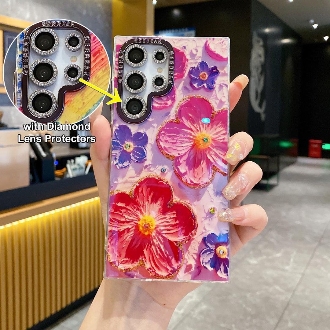 For Samsung S25 S24 S23 S22 Phone Case with Diamond Lens Protectors, Luxury Castle Panda Leopard Rainbow Butterfly Elephant Girl Oil Painting Metal Camera Frame Anti-drop Hard Shockproof Full Cover