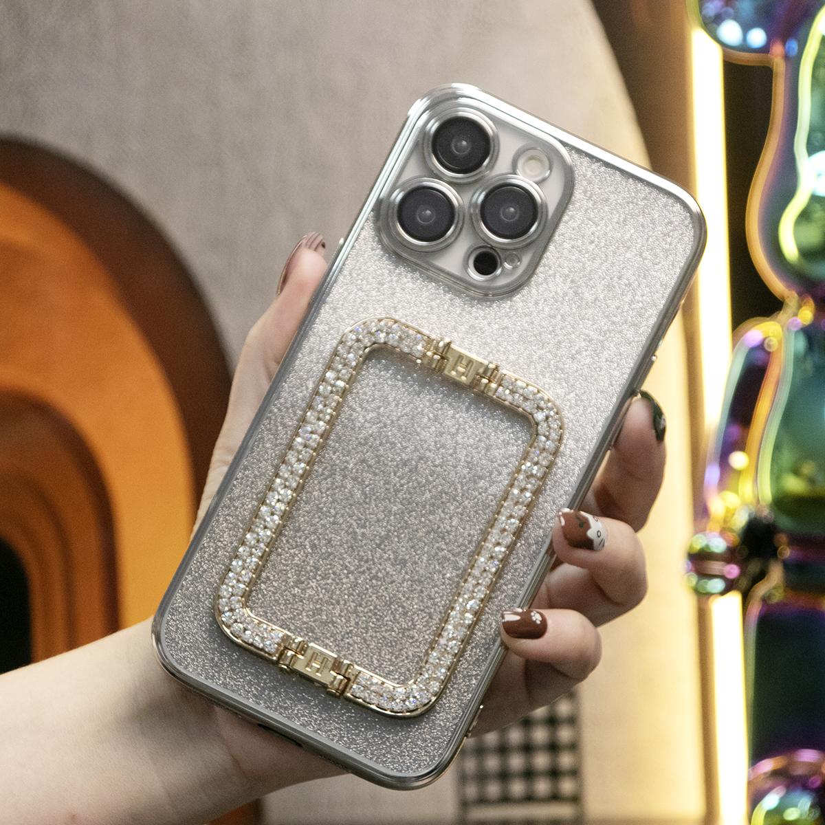 For iPhone 16 15 14 13 Pro Max Phone Case, Clear Gradient Glitter Square Kickstand TPU Luxury Plating Slim Soft Full Cover