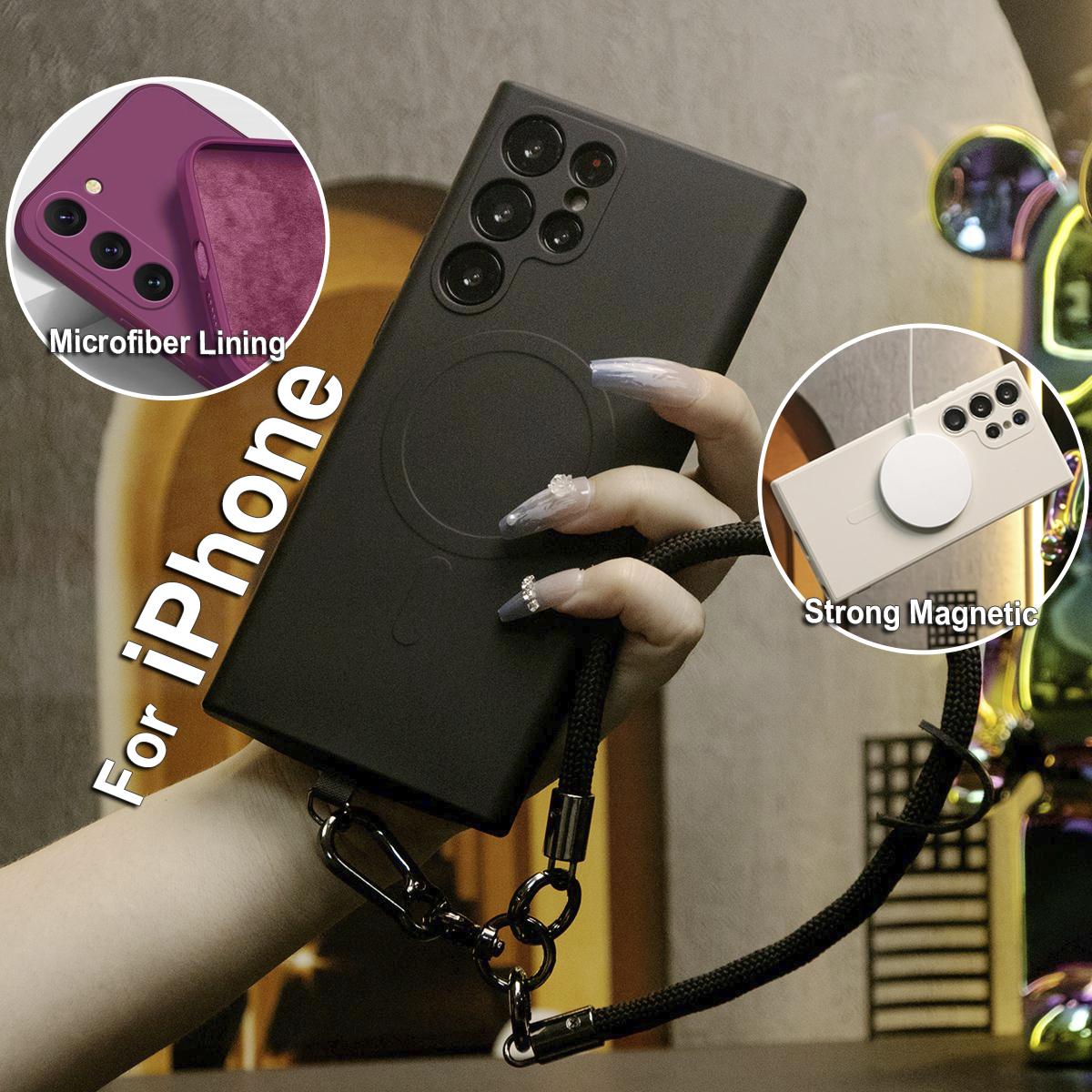 Strong Magnetic Slim Silicone Phone Case With Multifunctional Climbing Rope For iPhone 16 15 14 13 12 11 XR XSMax X/XS, Soft Liquid Silicone Shockproof Full Cover With Microfiber Lining