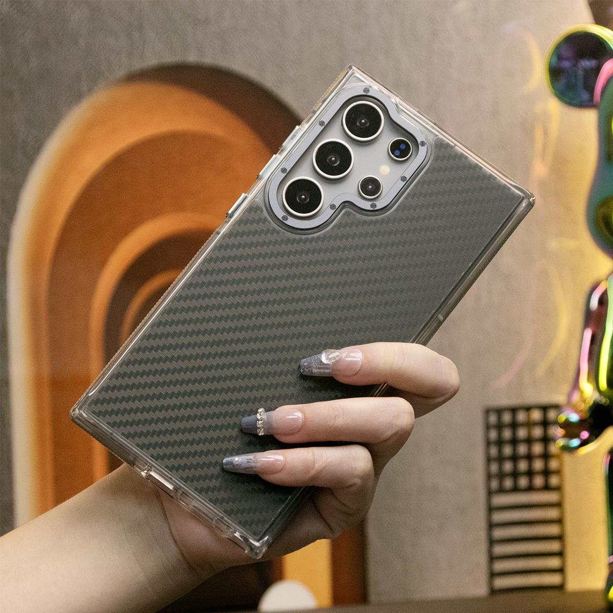 Carbon Fiber Pattern Phone Case, Metal Hardware Camera Protective Acrylic Cover, Clear No Yellow, With Shockproof  Anti-Fall Bumper For Samsung S25Ultra S24 S23 S21FE A14 A15 A24 A25 A35 A54 A55 A05