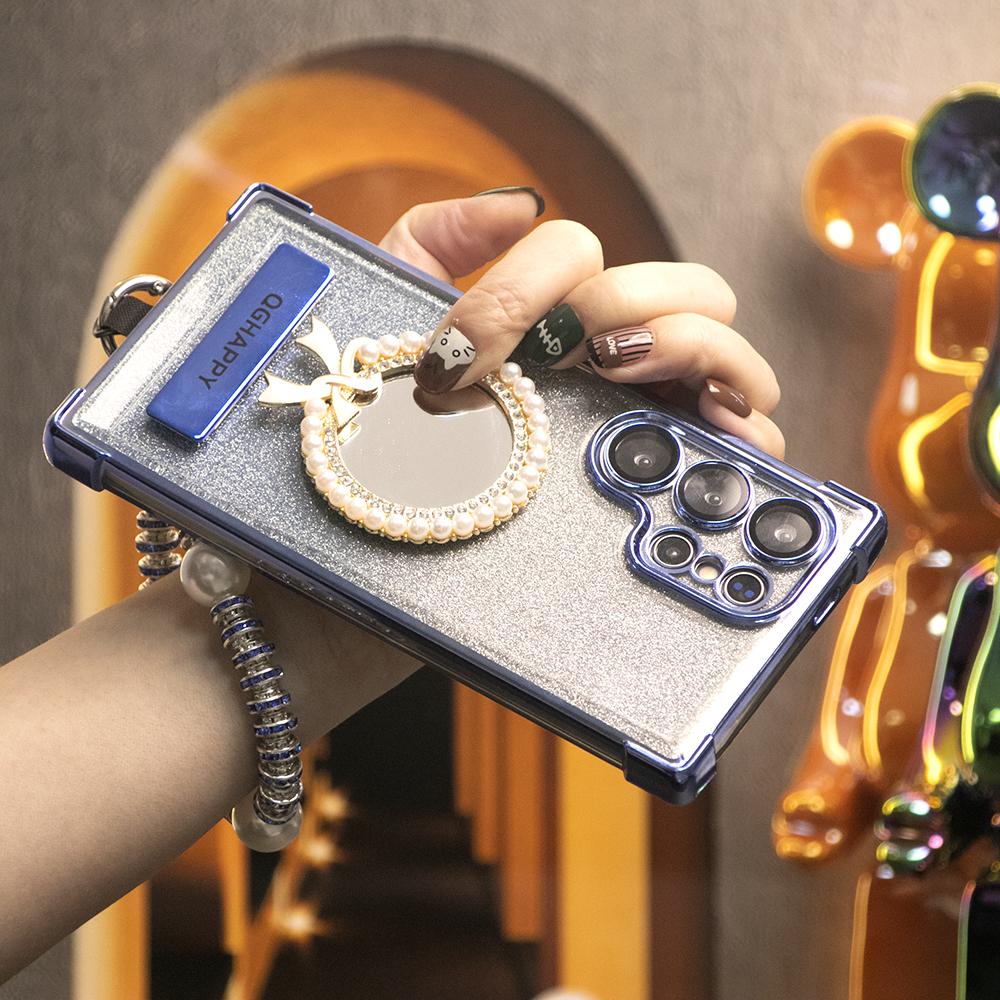 Gradient Plating Four Corners Bowknot Mirror Thin Kickstand Case with Pearl Diamond Wristband for Samsung S25Ultra S25 S24 S23 S22 S21 Note20 A53 A54 A55 Hard Acrylic Bumper Full Cover