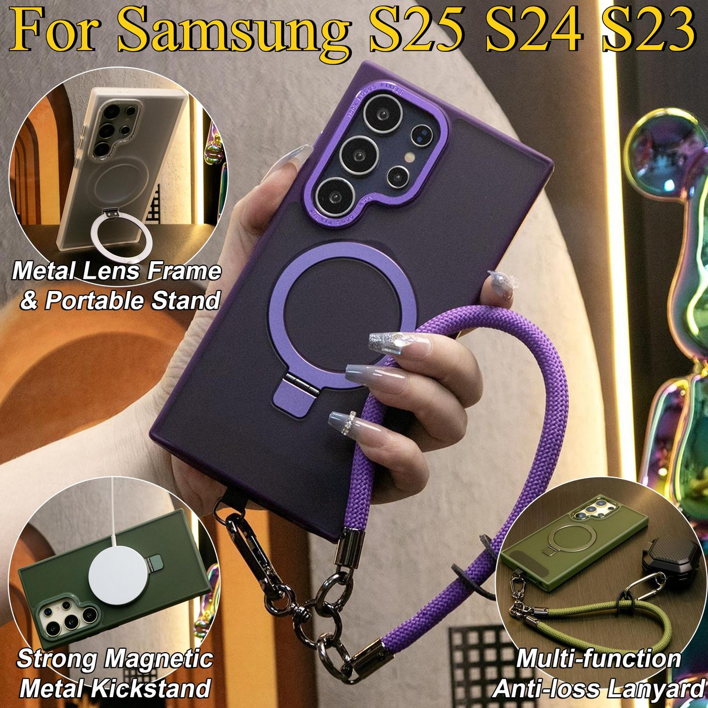 For Samsung S25 S24 S23 Plus Ultra Phone Case, With Multifunctional Climbing Rope, Clear Matte Magnetic Invisible Metal Kickstand Camera Frame [Not Yellowing] Shockproof Slim Back Full Cover