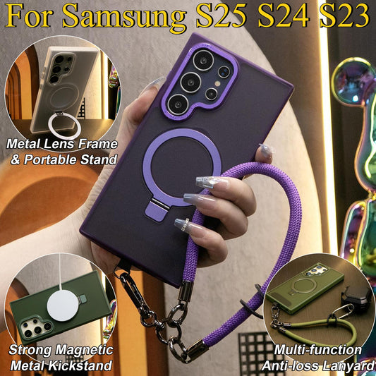For Samsung S25 S24 S23 Plus Ultra Phone Case, With Multifunctional Climbing Rope, Clear Matte Magnetic Invisible Metal Kickstand Camera Frame [Not Yellowing] Shockproof Slim Back Full Cover