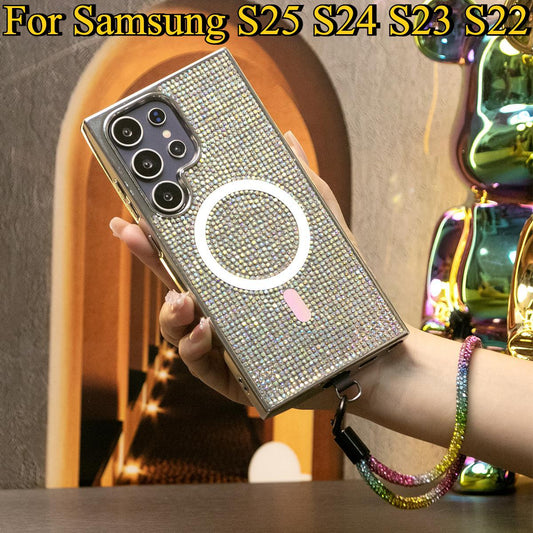 Luxury Glitter Rhinestone Plating Diamonds Magnetic Wireless Charging Phone Case With Rhinestone Wristband For Samsung S25 S24 S23 Shockproof Protection Soft Bumper Cover