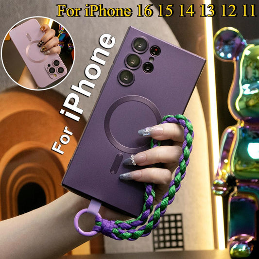 For iPhone 16 15 14 13 12 11 Pro Max Phone Case, Metallic Paint Magnetic Soft Glossy Slim, Full Camera Cover Support Wireless Charging With Woven Wristband