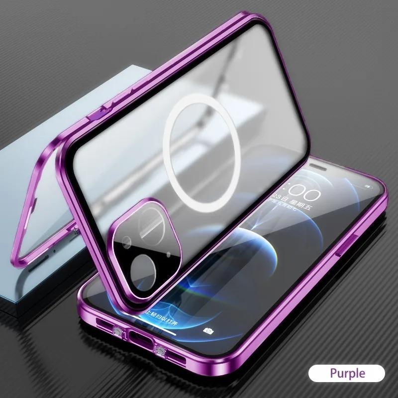 Double Sided HD Glass Matte Back Cover Aluminium Alloy For Magsafe Full Cover 360 Magnetic Ring High Definition Metal Case For iPhone 16ProMax 16 15 14 13 12 Pro Max Glass Full Cover