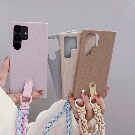 Luxury Wrist Strap Soft Leather Phone Case For Samsung S25 S25Plus S25Ultra S24 S24FE S24Plus S24Ultra Solid Color Cover