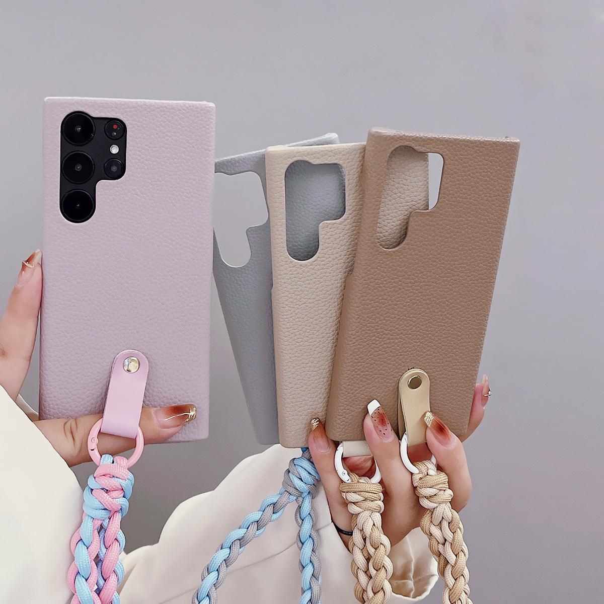 Luxury Wrist Strap Soft Leather Phone Case For Samsung S25 S24 S23 S22 S21 A15 A25 A35 A55 Solid Color Cover