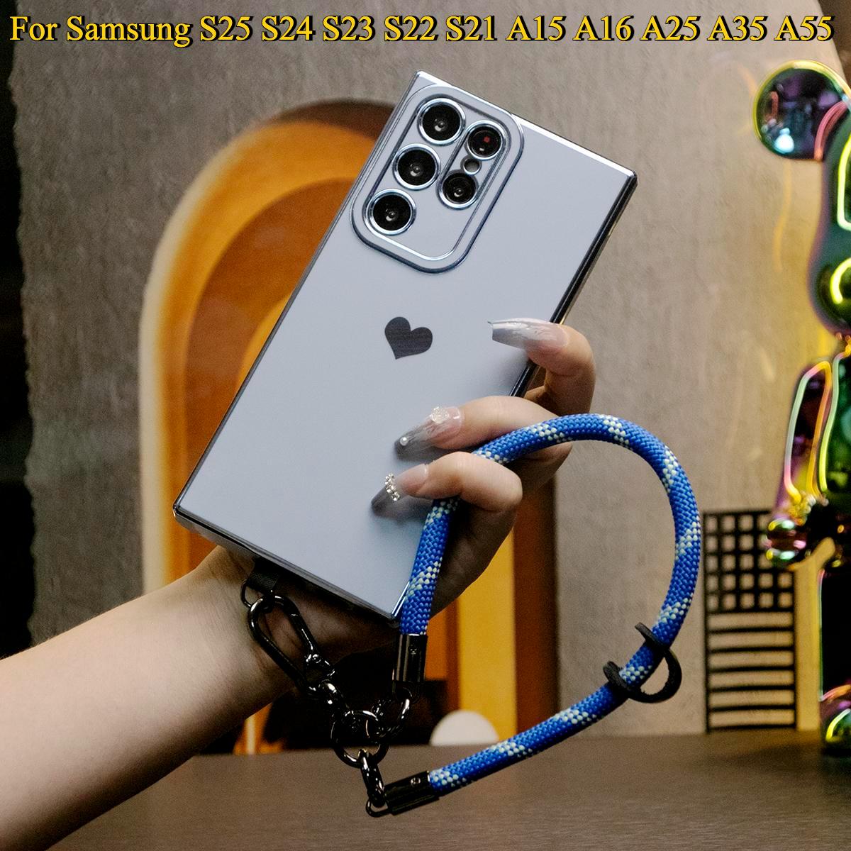 Luxury Love Heart Side Pattern Plating Basic Phone Case With Multifunctional Climbing Wristband For Samsung S25Ultra S25 S24Ultra S24FE S24 S23 S22 S21 FE Plus Ultra A15 A16 A25 A35 A55
