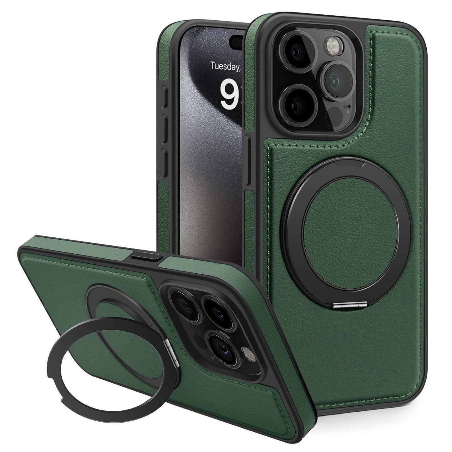 Luxury Full Leather Phone Case For iPhone 16ProMax 16 15 14 13 12 11 Magnetic Rotate Metal Holder Stand Back Cover