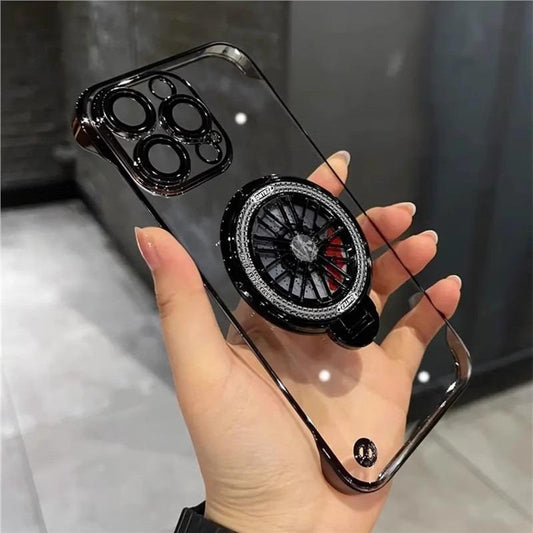 Ultra Slim Frameless Plating PC with Len Protector Phone Case with Metal Magnetic Gyro Rotating Kickstand For iPhone 16ProMax 15 14 13 12 Shockproof Support Wireless Charging Hard Full Cover