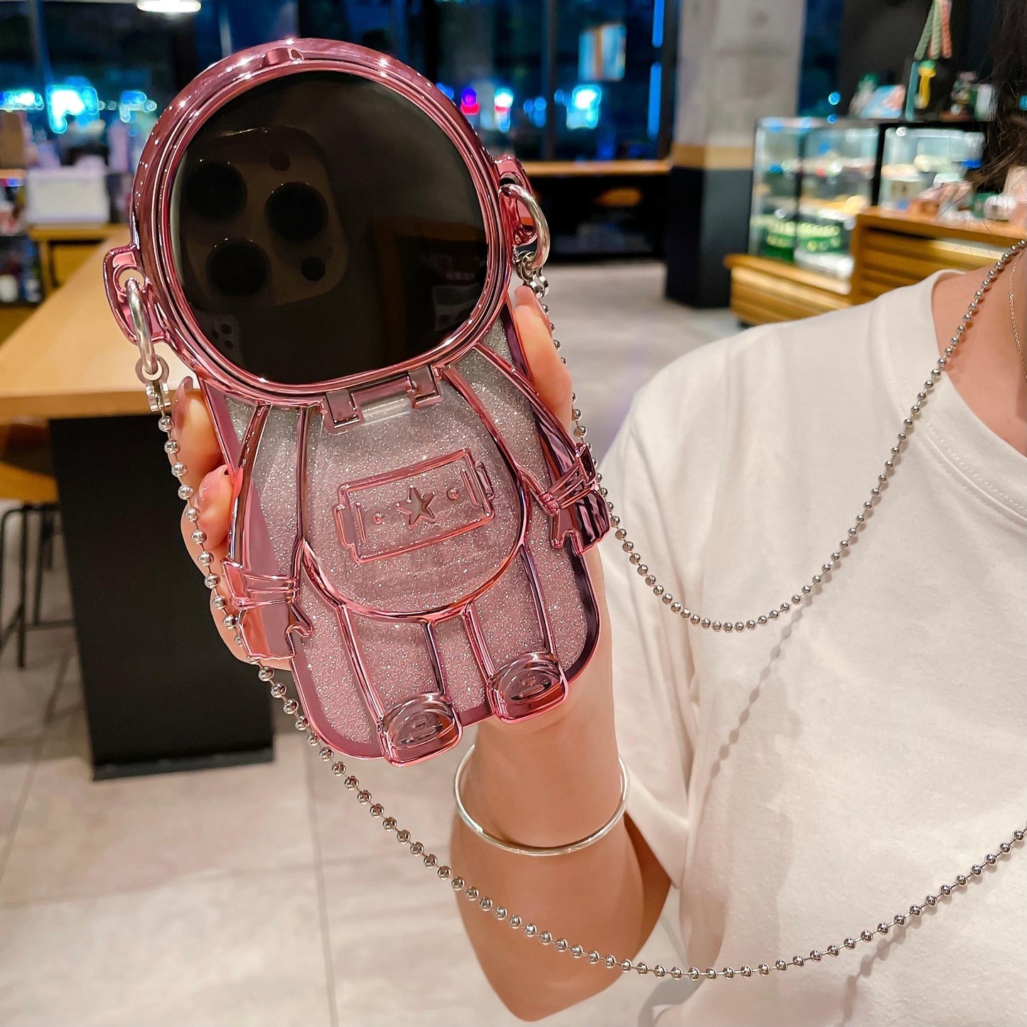 Luxury Glitter  Diagonal Hanging Chain Plating Mirror Astronaut Case For iPhone 16 15 14 13 12 Pro Max Fashion Bracket Square Case Back Cover