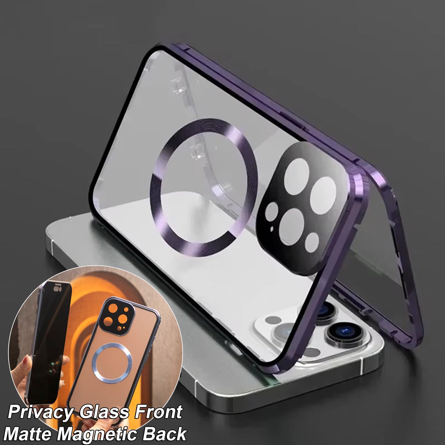 Double Sided Anti-peep Front Glass Matte Back Cover Aluminium Alloy For Magsafe Full Cover 360 Privacy Magnetic Ring Metal Case For iPhone 16ProMax 16 15 14 13 12 Pro Max Glass Full Cover