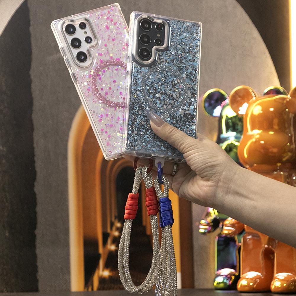 Glitter Glitter Transparent Strong Magnetic Phone Case With Weave Diamond Wristband For Samsung S25Ultra S24 S23 A14 A15 A16 A24 A25 A34 A35 A54 A55 Metal Frame Shockproof Acrylic Hard Cover