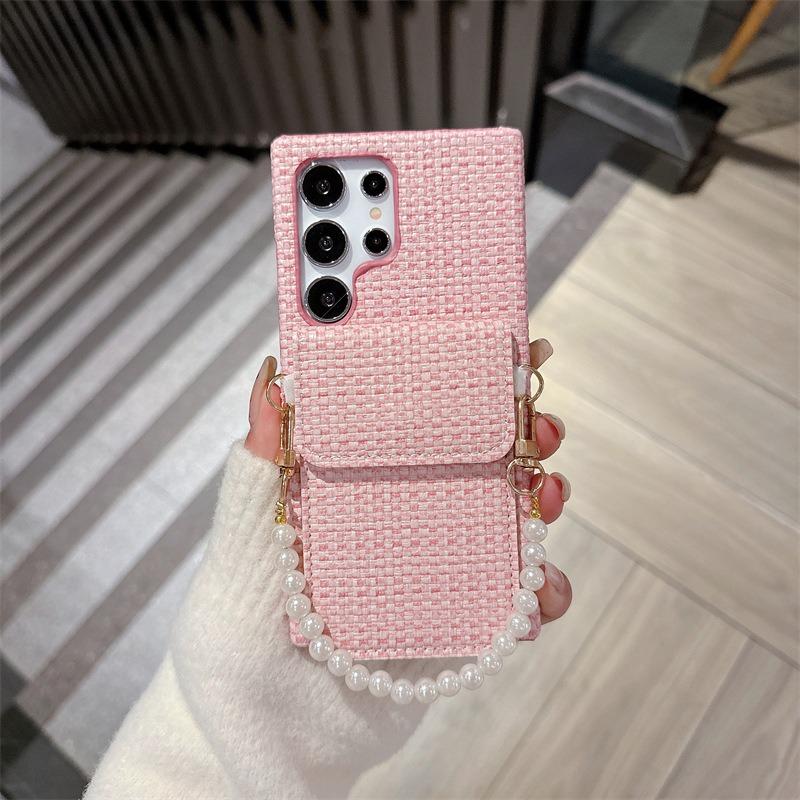 For Samsung S25Ultra S24 S23 S22 Case With Pearl Wristband, Gradient Woven Pattern Fabrics Wallet Shockproof Card Slot Hard Full Cover