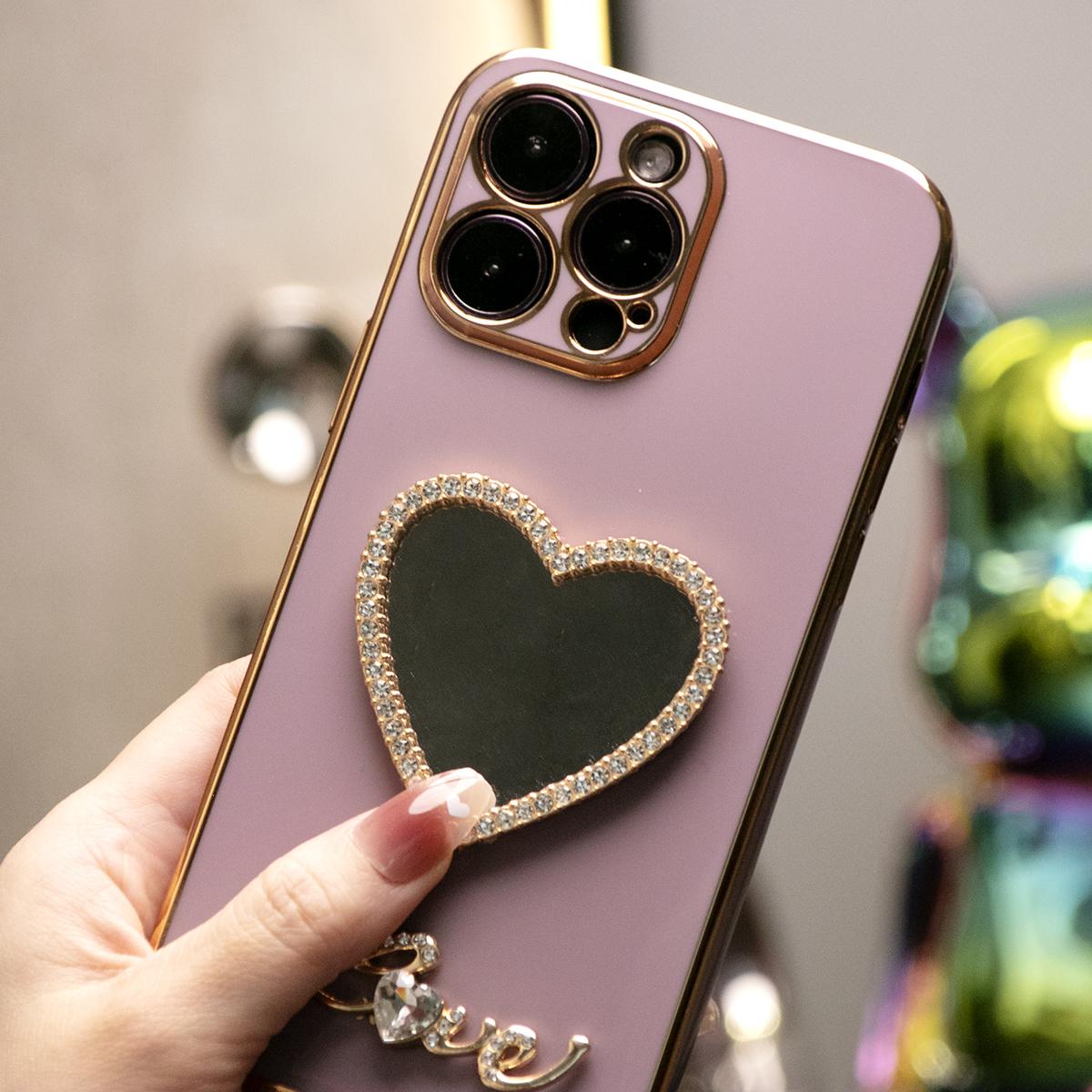 For iPhone 16 15 14 13 12 11 XR XSMax X/XS Phone Case, Love Heart Mirror, Plating Electroplate Luxury Elegant Case Camera Protector Shockproof Soft Cover
