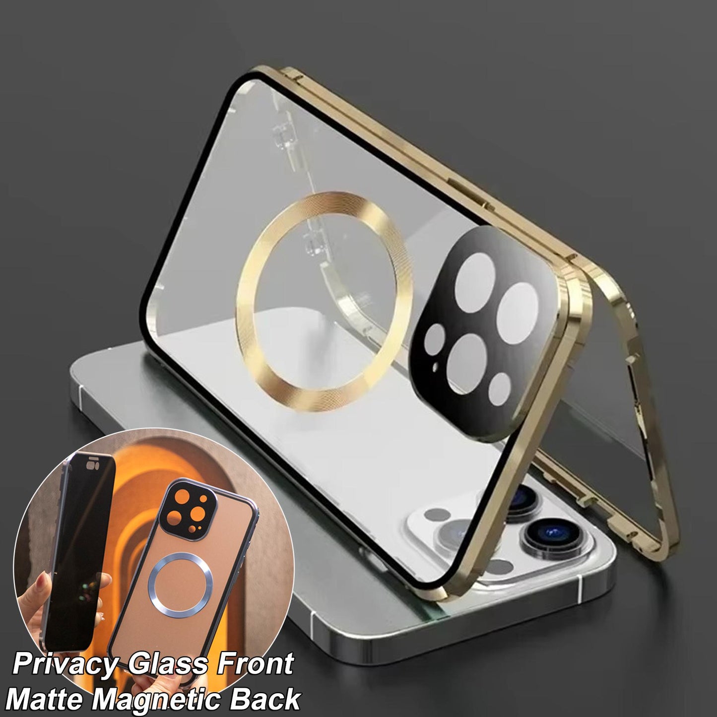 Double Sided Anti-peep Front Glass Matte Back Cover Aluminium Alloy For Magsafe Full Cover 360 Privacy Magnetic Ring Metal Case For iPhone 16ProMax 16 15 14 13 12 Pro Max Glass Full Cover