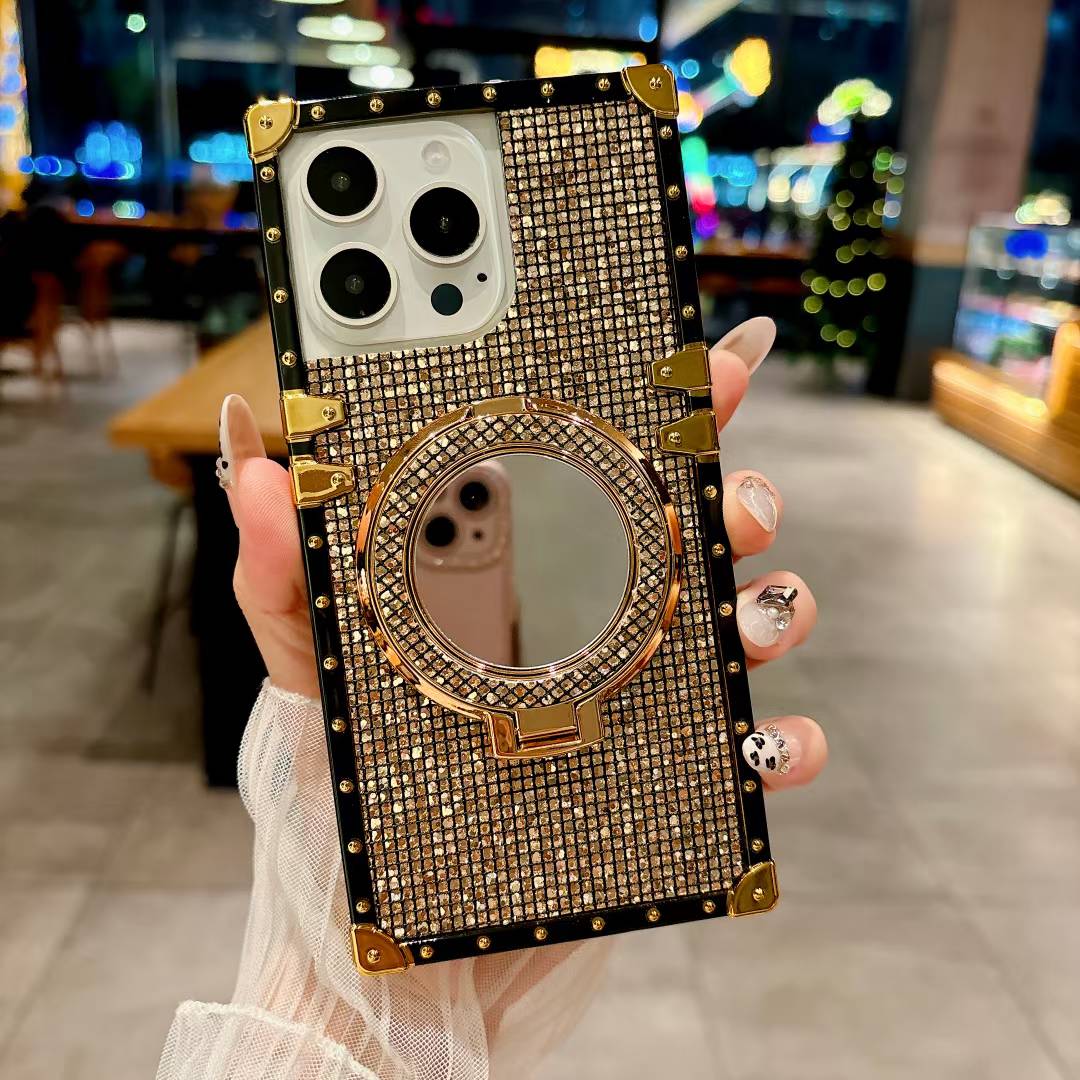 Luxury Glitter Bling Diamond Heavy Duty Protection Shockproof With Mirror Magnetic Kickstand Phone Case for iPhone 16ProMax 16 15 14 13 12 11 Pro Max Plus Fashion Square Case Back Soft Cover