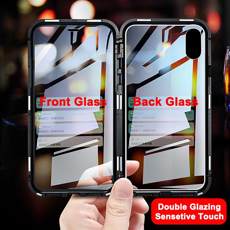 High Definition Tempered Glass Double Sided Full Cover 360 Magnetic Adsorption Metal Case For iPhone 16ProMax 16 15 14 13 12 11 Pro Max X/XS Front and Black Full Glass Cover